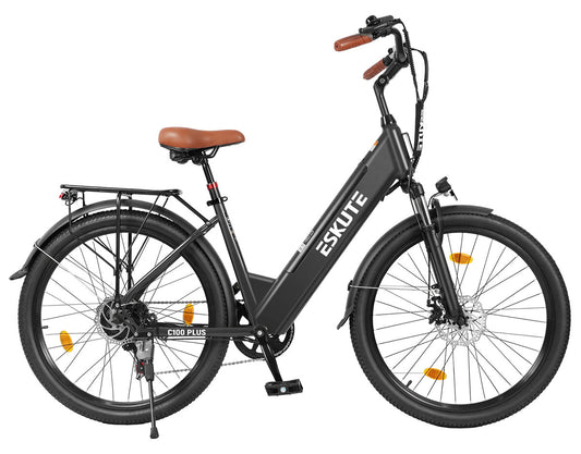 ESKUTE C100 Plus miesto elektrinis dviratis – juodas miesto dviratis iš šono