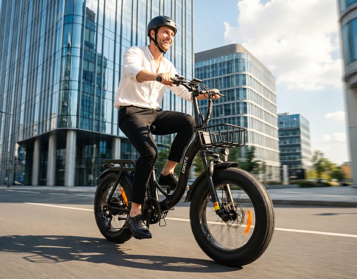 ESKUTE D202 sulankstomas elektrinis dviratis – juodas dviratis miesto gatvėje